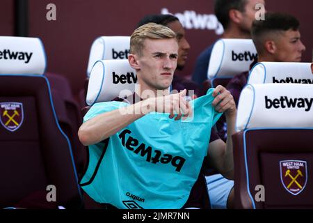 Londra, Regno Unito. 7th Agosto 2022. Flynn Downes of West Ham United durante la partita della Premier League tra West Ham United e Manchester City al London Stadium di Stratford, domenica 7th agosto 2022. (Credit: Tom West | MI News) Credit: MI News & Sport /Alamy Live News Foto Stock