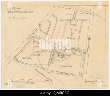 Jansen Hermann (1869-1945), piano di insediamento dell'Heimstättengesellschaft Primus Wittenau, Berlino-Reinickendorf (1919-1919): Dipartimento 1: 4000. Matita su trasparente, 26,3 x 32,1 cm (compresi i bordi di scansione) Jansen Hermann (1869-1945): Siedlungsplan der Heimstättengesellschaft Primus Wittenau, Berlino-Reinickendorf Foto Stock