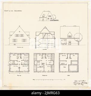 Jansen Hermann (1869-1945), case campione per piccoli insediamenti (31 marzo 1921): Vista frontale e posteriore della casa bifamiliare, sezione trasversale, pianta del seminterrato, piano terra e sottotetto 1: 100. Inchiostro su trasparente, 50,8 x 51,4 cm (compresi i bordi di scansione) Jansen Hermann (1869-1945): Musterhäuser für Kleinsiedlungen Foto Stock