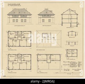 Jansen Hermann (1869-1945), case campione per piccoli insediamenti (10 maggio 1919): 4 casa familiare con vista frontale e laterale, sezione trasversale, pianta del seminterrato, piano terra, piano superiore e sottotetto, stalla. Inchiostro e matita su trasparente, 50,9 x 54,7 cm (compresi i bordi di scansione) Jansen Hermann (1869-1945): Musterhäuser für Kleinsiedlungen Foto Stock