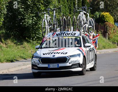 Cracovia, Polonia - 5 agosto 2022: Tour de Poulogne UCI – World Tour, tappa 7 Skawina - Cracovia. Il più grande evento ciclistico dell'Europa orientale. Foto Stock