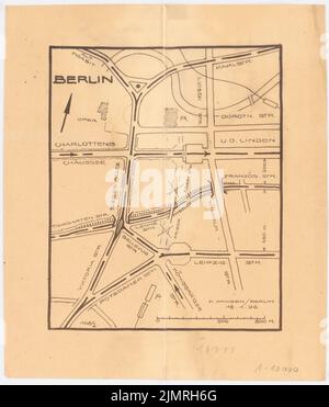 Jansen Hermann (1869-1945), proposte di regolamentazione del traffico a Berlino. Old West (01/18/1926): Piano d'insieme con la marcatura delle 'strade trafficate' 1: 10.000, barra di scala. Rottura leggera su carta, 28,3 x 24,2 cm (compresi i bordi di scansione) Jansen Hermann (1869-1945): Verkehrsregulierungsvorschläge, Berlino. Alter Westen Foto Stock