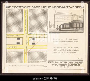 Jansen Hermann (1869-1945), proposte di regolamentazione del traffico a Berlino. Sotto il Linden (14.02.1925): Pianta del sito 1: 500, barra di scala, informazioni per lo spazio. Matita colorata sopra una rottura sulla scatola, 47,3 x 56,2 cm (compresi i bordi di scansione) Jansen Hermann (1869-1945): Verkehrsregulierungsvorschläge, Berlino. Unter den Linden Foto Stock