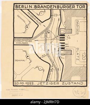 Jansen Hermann (1869-1945), proposte di regolamentazione del traffico a Berlino. Porta di Brandeburgo (20 ottobre 1922): Piano dipendente 1: 1000, con indicazione delle direzioni di viaggio. Inchiostro su trasparente, 24 x 21,8 cm (compresi i bordi di scansione) Jansen Hermann (1869-1945): Verkehrsregulierungsvorschläge, Berlino. Brandenburger Tor Foto Stock