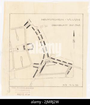 Jansen Hermann (1869-1945), pianificazione del traffico e degli insediamenti per l'espansione delle città di Neukirchen e Vluyn (12 aprile 1926): Piano di sviluppo parziale Neukirchen: Piano del sito 1: 5000. Matita su trasparente, 21,4 x 19,5 cm (compresi i bordi di scansione) Jansen Hermann (1869-1945): Verkehrs- und Siedlungsplanung der Erweiterung der Städte Neukirchen und Vluyn Foto Stock