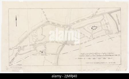 Jansen Hermann (1869-1945), pianificazione del traffico e degli insediamenti per l'espansione delle città di Neukirchen e Vluyn (21 febbraio 1926): Area degli insediamenti nordoccidentali: Grundplan 1: 5000. Matita su trasparente, 29 x 51,1 cm (compresi i bordi di scansione) Jansen Hermann (1869-1945): Verkehrs- und Siedlungsplanung der Erweiterung der Städte Neukirchen und Vluyn Foto Stock