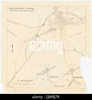 Jansen Hermann (1869-1945), pianificazione del traffico e degli insediamenti per l'espansione delle città di Neukirchen e Vluyn (13 novembre 1925): Bypass, proposta i: Grundplan 1: 5000, scala bar. Matita su trasparente, 66,5 x 65,1 cm (compresi i bordi di scansione) Jansen Hermann (1869-1945): Verkehrs- und Siedlungsplanung der Erweiterung der Städte Neukirchen und Vluyn Foto Stock