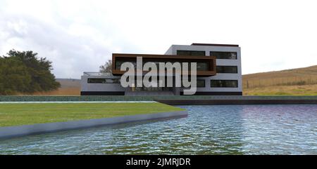 Una moderna casa a tre piani sulla riva di un lago artificiale. Linee rette, tetto piatto, terrazze spaziose. 3d rendering. Foto Stock