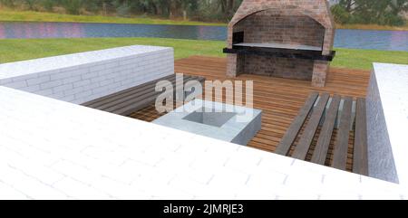 Accogliente patio in mattoni bianchi all'aperto sulla riva del fiume. Panchine in legno, fossa antincendio in calcestruzzo. Barbecue fatto di vecchio mattone. Pavimento in terrazza Foto Stock