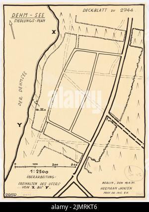 Jansen Hermann (1869-1945), piano di distribuzione del distretto forestale del Principe Hardenberg su Dehmsee, Fürstenwalde/Sprea (18 aprile 1931): Sponda sud-orientale, mappa 1: 2500 (variante). Inchiostro su trasparente, 39,9 x 29,5 cm (compresi i bordi di scansione) Jansen Hermann (1869-1945): Aufteilungsplan des fürstlich Hardenbergischen Forstbezirks am Dehmsee, Fürstenwalde/Spree Foto Stock