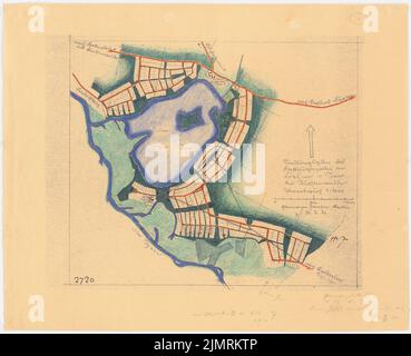 Jansen Hermann (1869-1945), piano di distribuzione del distretto forestale del Principe Hardenberg su Dehmsee, Fürstenwalde/Sprea (30 luglio 1930): Dipartimento 1: 10000. Matita, matita colorata su rottura leggera su carta, 43,3 x 53,2 cm (compresi i bordi di scansione) Jansen Hermann (1869-1945): Aufteilungsplan des fürstlich Hardenbergischen Forstbezirks am Dehmsee, Fürstenwalde/Spree Foto Stock