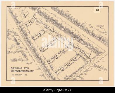 Jansen Hermann (1869-1945), insediamento di persone danneggiate dalla guerra a Potsdam (1933-1933): Vista prospettica (spettacolo di uccelli). Rottura leggera su carta, 53,7 x 70,3 cm (compresi i bordi di scansione) Jansen Hermann (1869-1945): Siedlung für Kriegsbeschädigte, Potsdam Foto Stock
