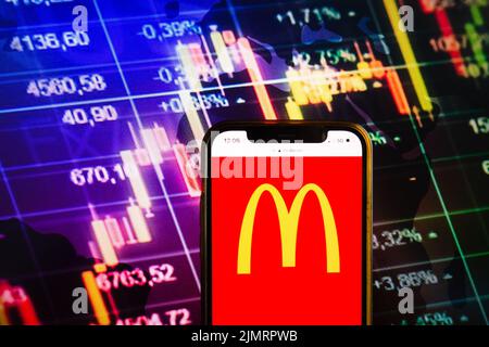 KONSKIE, POLONIA - 07 agosto 2022: Smartphone che mostra il logo di McDonalds Corporation sullo sfondo del diagramma di borsa Foto Stock