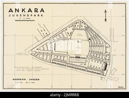 Jansen Hermann (1869-1945), piano di sviluppo totale di Ankara. Piano di sviluppo parziale parco giovani (23.03.1932): Dipartimento 1: 2000, fase di progettazione, versione precedente. Inchiostro su trasparente, 47 x 65,5 cm (compresi i bordi di scansione) Jansen Hermann (1869-1945): Gesamtbebauungsplan Ankara. Teilbebauungsplan Jugendpark Foto Stock