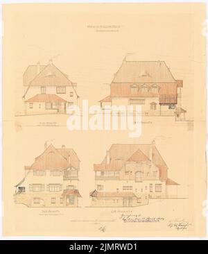 Blunck Erich (1872-1950), casa singola a Berlino-Nikolassee (04,1904): Vista nord superiore, vista ovest, vista sud, vista est 1: 100. Matita colorata e inchiostro a rottura su carta, 57,4 x 49,9 cm (compresi i bordi di scansione) Blunck Erich (1872-1950): Einfamilienwohnhaus, Berlino-Nikolassee Foto Stock