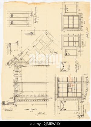 Blunck Erich (1872-1950), casa singola a Berlino-Nikolassee (1904-1904): Dettagli 1:10: Risuscitare diverse finestre con negozio, balcone in erba sintetica, tagliato dalla copertura del balcone. Inchiostro e matita colorata su trasparente, 66,8 x 50,4 cm (compresi i bordi di scansione) Blunck Erich (1872-1950): Einfamilienwohnhaus, Berlin-Nikolassee Foto Stock