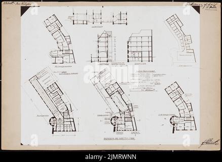 Blunck Erich (1872-1950), casa multifamiliare a Burgtor a Lübeck. Con birreria ristorante, birreria all'aperto, bowling, ecc. (1906): (Ridotto) piano 1: 200: Keller, piano terra, I., II. E III. Piano superiore, sottotetto; sezione longitudinale 1: 200; due sezioni trasversali 1: 200. Foto su carta, commenti con inchiostro, 24,6 x 36 cm (compresi i bordi di scansione) Blunck Erich (1872-1950): Mehrfamilienwohnhaus am Burgtor, Lübeck. Mit Bierlokal, Biergarten, Kegelbahn ecc. Foto Stock