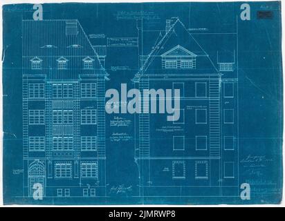 Blunck Erich (1872-1950), casa multifamiliare a Burgtor a Lübeck. Con birreria ristorante, birreria all'aperto, bowling ecc. (02,1906): Vista frontale superiore e vista laterale del Kanalstr. 3, 1:50. Blueprint su carta, 50,3 x 69,1 cm (compresi i bordi di scansione) Blunck Erich (1872-1950): Mehrfamilienwohnhaus am Burgtor, Lübeck. Mit Bierlokal, Biergarten, Kegelbahn ecc. Foto Stock
