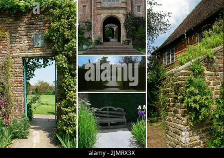 La torre elisabettiana di Sissinghurst in estate, uno dei giardini più famosi in Inghilterra. Ora è di proprietà e mantenuto dal National Trust Foto Stock