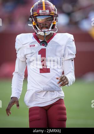 6 agosto 2022: Washington Commanders ampio ricevitore Jahan Dotson (1) durante la pratica del campo di addestramento di calcio NFL della squadra al campo ex Fed di Landover, Maryland fotografo: Cory Royster Foto Stock