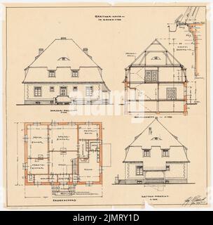 Blunck Erich (1872-1950), casa singola a Sauen (01,1922): Pianta piano terra 1: 100; Riss 1: 100: Vista frontale, vista laterale; sezione trasversale 1: 100; dettaglio 1:10: Taglio verticale del cornicione principale. Inchiostro e matita colorata su trasparente, 40,6 x 41,2 cm (compresi i bordi di scansione) Blunck Erich (1872-1950): Einfamilien-Wohnhaus, Sauen Foto Stock