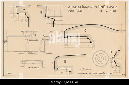 Jansen Hermann (1869-1945), urbanistica ad Adana. Wasserbassin (07.12.1936): Media 1: 1, taglio 1:10, viste dettagliate 1:50. Inchiostro su trasparente, 48 x 78,6 cm (compresi i bordi di scansione) Jansen Hermann (1869-1945): Stadtplanung, Adana. Wasserbassin Foto Stock