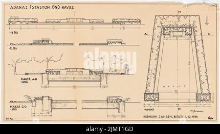 Jansen Hermann (1869-1945), urbanistica ad Adana. Wasserbassin (01.12.1936): Pianta 1: 100, viste e tagli 1:50, scala bar. Inchiostro su trasparente, 45,3 x 80,1 cm (compresi i bordi di scansione) Jansen Hermann (1869-1945): Stadtplanung, Adana. Wasserbassin Foto Stock