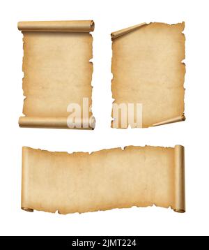 Vecchio set di scroll di carta pergamena isolato su bianco. Striscioni orizzontali e verticali Foto Stock