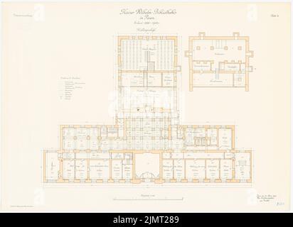 Architetto sconosciuto, biblioteca Kaiser-Wilhelm a Poznan (25.03.1903): Grundriss Keller 1: 100. Litografia colorata sul cartone, 64,6 x 88,8 cm (compresi i bordi di scansione) Hinckeldeyn Carl (1847-1927): Kaiser-Wilhelm-Bibliothek, Posen Foto Stock