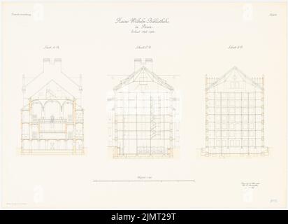 Architetto sconosciuto, biblioteca Kaiser-Wilhelm a Poznan (25.03.1903): Sezioni trasversali 1: 100. Litografia colorata sul cartone, 64,5 x 88,6 cm (compresi i bordi di scansione) Hinckeldeyn Carl (1847-1927): Kaiser-Wilhelm-Bibliothek, Posen Foto Stock