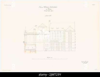 Architetto sconosciuto, biblioteca Kaiser-Wilhelm a Poznan (25.03.1903): Vista laterale RISS con sezione trasversale 1: 100. Litografia colorata sul cartone, 64,6 x 89,2 cm (compresi i bordi di scansione) Hinckeldeyn Carl (1847-1927): Kaiser-Wilhelm-Bibliothek, Posen Foto Stock