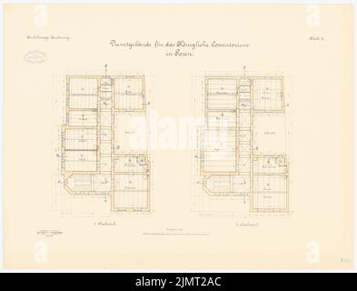 Architetto sconosciuto, Concistoro a Poznan (ca 1895/1896): pianta 1st e 2nd piano 1: 100. Litografia colorata sulla scatola, 54,3 x 71,1 cm (compresi i bordi di scansione) N. : Konsistorium, Posen Foto Stock