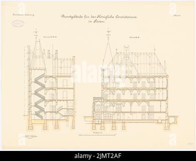 Architetto sconosciuto, Concistoro a Poznan (ca 1895/1896): longitudinale, sezione trasversale t 1: 100. Litografia colorata sulla scatola, 54,2 x 70,5 cm (compresi i bordi di scansione) N. : Konsistorium, Posen Foto Stock