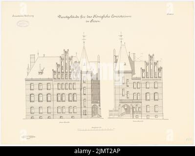 Architetto sconosciuto, Concistoro a Poznan (ca 1895/1896): Vista frontale RISS, vista laterale 1: 100. Litografia su cartone, 53,2 x 70,7 cm (compresi i bordi di scansione) N. : Konsistorium, Posen Foto Stock