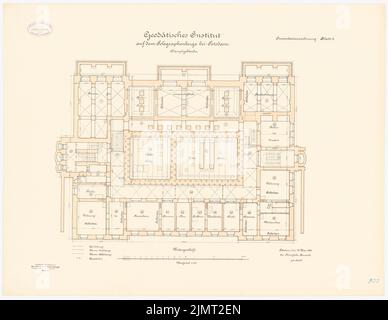 Architetto sconosciuto, istituto geodetico sul Telegrafenberg a Potsdam (30 maggio 1893): Grundriss seminterrato 1: 100. Litografia colorata sul cartone, 53,5 x 69,2 cm (compresi i bordi di scansione) N. : Geodätisches Institut auf dem Telegrafenberg, Potsdam Foto Stock