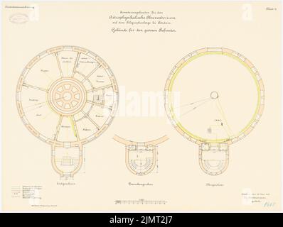 Spieker Paul (1826-1896), osservatorio astrofisico al Telegrafenberg a Potsdam (30 giugno 1900): Edificio per il grande rifrattatore: Piano terra, piano intermedio, piano superiore 1: 100. Litografia colorata sulla scatola, 49 x 65 cm (compresi i bordi di scansione) Spieker Paul (1826-1896): Astrofisikalisches Observatorium auf dem Telegrafenberg, Potsdam Foto Stock