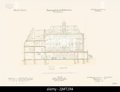 Architetto sconosciuto, Kadettenhaus della Garrison Potsdam. Edifici supplementari (09.09.1914): Costruzione agricola: Sezione longitudinale 1: 100. Litografia colorata su carta, 50,9 x 71,1 cm (compresi i bordi di scansione) N. : Kadettenhaus der Garnison Potsdam. Ergänzungsbauten Foto Stock