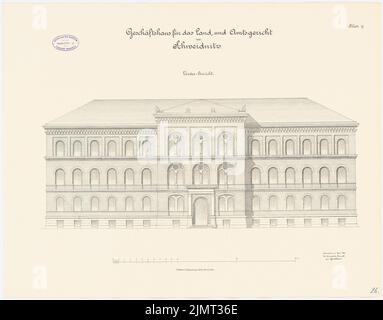 Sconosciuto architetto, distretto e tribunale distrettuale, Schweidnitz. Tribunali (05,1886): Vista frontale 1: 100. Litografia su cartone, 50,6 x 64,5 cm (compresi i bordi di scansione) N. : Land- und Amtsgericht, Schweidnitz. Geschäftshaus Foto Stock