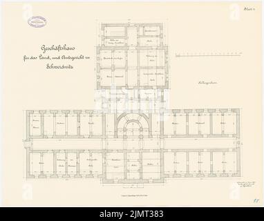 Sconosciuto architetto, distretto e tribunale distrettuale, Schweidnitz. Tribunali (05,1886): Grundriss KG 1: 100. Litografia su cartone, 50,6 x 64,5 cm (compresi i bordi di scansione) N. : Land- und Amtsgericht, Schweidnitz. Geschäftshaus Foto Stock