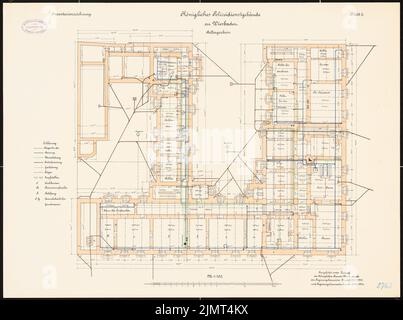 Architetto sconosciuto, edificio del servizio di polizia a Wiesbaden (1901-1901): Grundriss Keller 1: 100. Inchiostro colorato, acquerello, via litografia su cartone, 52,9 x 71,1 cm (compresi i bordi di scansione) N. : Polizeidienstgebäude, Wiesbaden Foto Stock