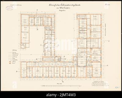 Architetto sconosciuto, edificio di servizio della polizia a Wiesbaden (1901-1901): Piano terra piano 1: 100. Inchiostro colorato, acquerello, via litografia su cartone, 53,2 x 70,9 cm (compresi i bordi di scansione) N. : Polizeidienstgebäude, Wiesbaden Foto Stock