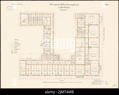 Architetto sconosciuto, edificio di servizio della polizia a Wiesbaden (1901-1901): Piano 1st piano 1: 100. Inchiostro colorato, acquerello, via litografia su cartone, 52,8 x 70,6 cm (compresi i bordi di scansione) N. : Polizeidienstgebäude, Wiesbaden Foto Stock