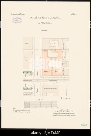 Architetto sconosciuto, edificio del servizio di polizia a Wiesbaden (1901-1901): Pianta del sito 1: 400. Acquerello litografico su cartone, 59,7 x 42 cm (compresi i bordi di scansione) N. : Polizeidienstgebäude, Wiesbaden Foto Stock