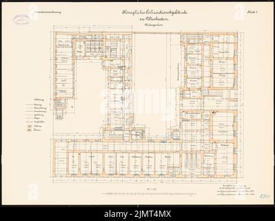 Architetto sconosciuto, edificio del servizio di polizia a Wiesbaden (1901-1901): Piano interrato 1: 100. Inchiostro colorato, acquerello, via litografia su cartone, 53,1 x 70,7 cm (compresi i bordi di scansione) N. : Polizeidienstgebäude, Wiesbaden Foto Stock