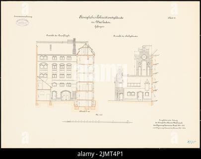 Architetto sconosciuto, forze di polizia a Wiesbaden (1901-1901): Ala di prigione: Girare l'ala trasversale. Stallo: RISS 1: 100. Acquerello litografico sulla scatola, 52,6 x 71 cm (compresi i bordi di scansione) N. : Polizeidienstgebäude, Wiesbaden Foto Stock