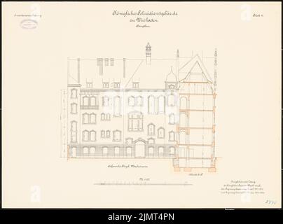 Architetto sconosciuto, edificio del servizio di polizia a Wiesbaden (1901-1901): Sezione trasversale con una vista in salita del tribunale dell'edificio principale 1: 100. Acquerello litografico sulla scatola, 52,8 x 71 cm (compresi i bordi di scansione) N. : Polizeidienstgebäude, Wiesbaden Foto Stock