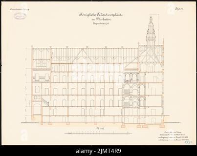 Architetto sconosciuto, edificio del servizio di polizia a Wiesbaden (1901-1901): Sezione longitudinale 1: 100. Acquerello litografico sulla scatola, 52,9 x 71 cm (compresi i bordi di scansione) N. : Polizeidienstgebäude, Wiesbaden Foto Stock