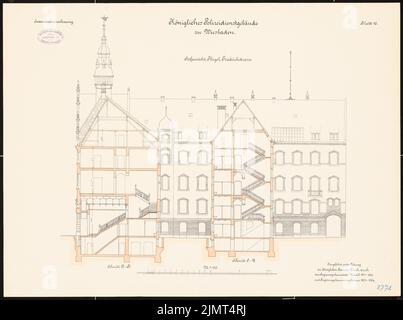 Architetto sconosciuto, edificio del servizio di polizia a Wiesbaden (1901-1901): Sezione trasversale con Corte superiore Visualizza 1: 100. Acquerello litografico sulla scatola, 53 x 71,2 cm (compresi i bordi di scansione) N. : Polizeidienstgebäude, Wiesbaden Foto Stock