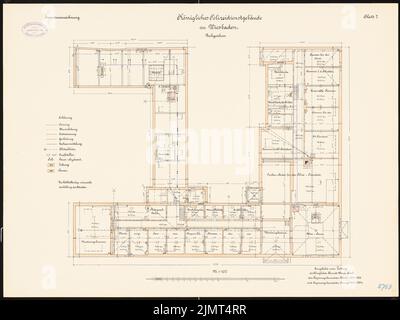 Architetto sconosciuto, edificio di servizio della polizia a Wiesbaden (1901-1901): Piano superiore piano 1: 100. Inchiostro colorato, acquerello, via litografia su cartone, 53,1 x 70,8 cm (compresi i bordi di scansione) N. : Polizeidienstgebäude, Wiesbaden Foto Stock