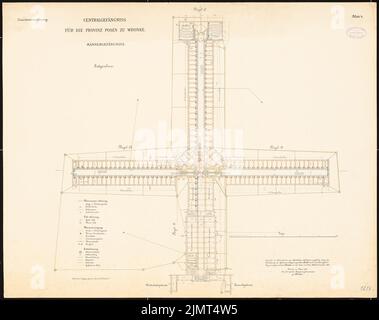 Architetto sconosciuto, carcere centrale per la provincia di Poznan a Wrronke (1889-1889): Carcere maschile: Pianta piano terra 1: 250. Inchiostro colorato, acquerello, via litografia su cartone, 67,2 x 85 cm (compresi i bordi di scansione) N. : Zentralgefängnis für die Provinz Posen, Wronke Foto Stock